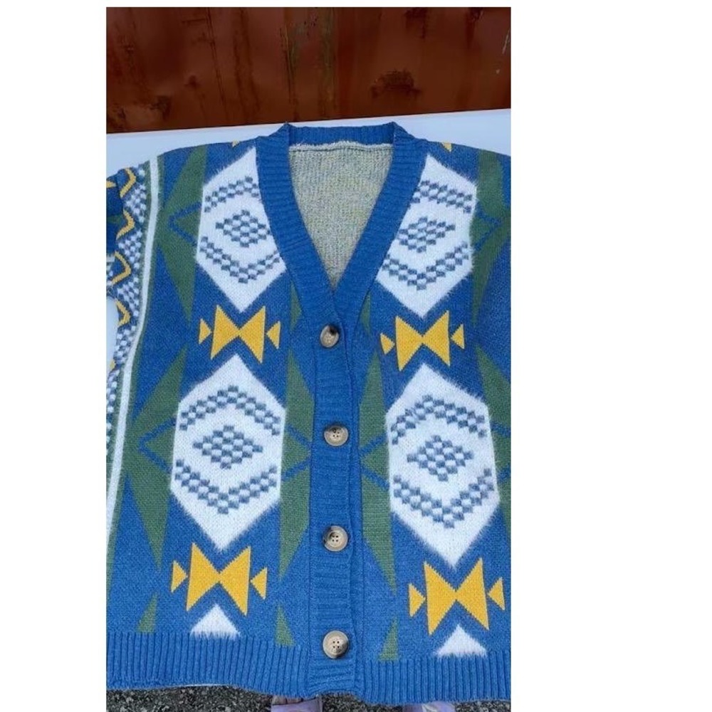 Vintage Aztec Southwestern Cardigan Sweater Blue Green V-Neck Button Front